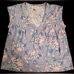 NWT Lucky Brand Blue Floral Lace Trim Henley Tee Top Shirt - Size XS